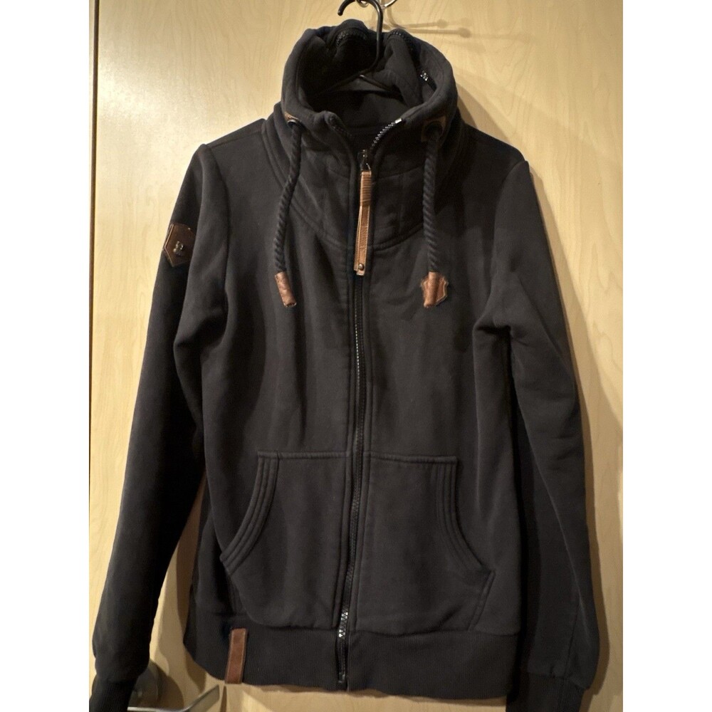 NAKETANO Sweatshirt Women's Large High Neck Full Zip Pockets Black Logo